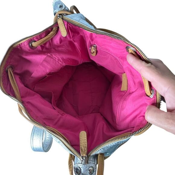 Gustto Italian Leather Large Satchel Bag Tan Silver - Picture 8 of 10